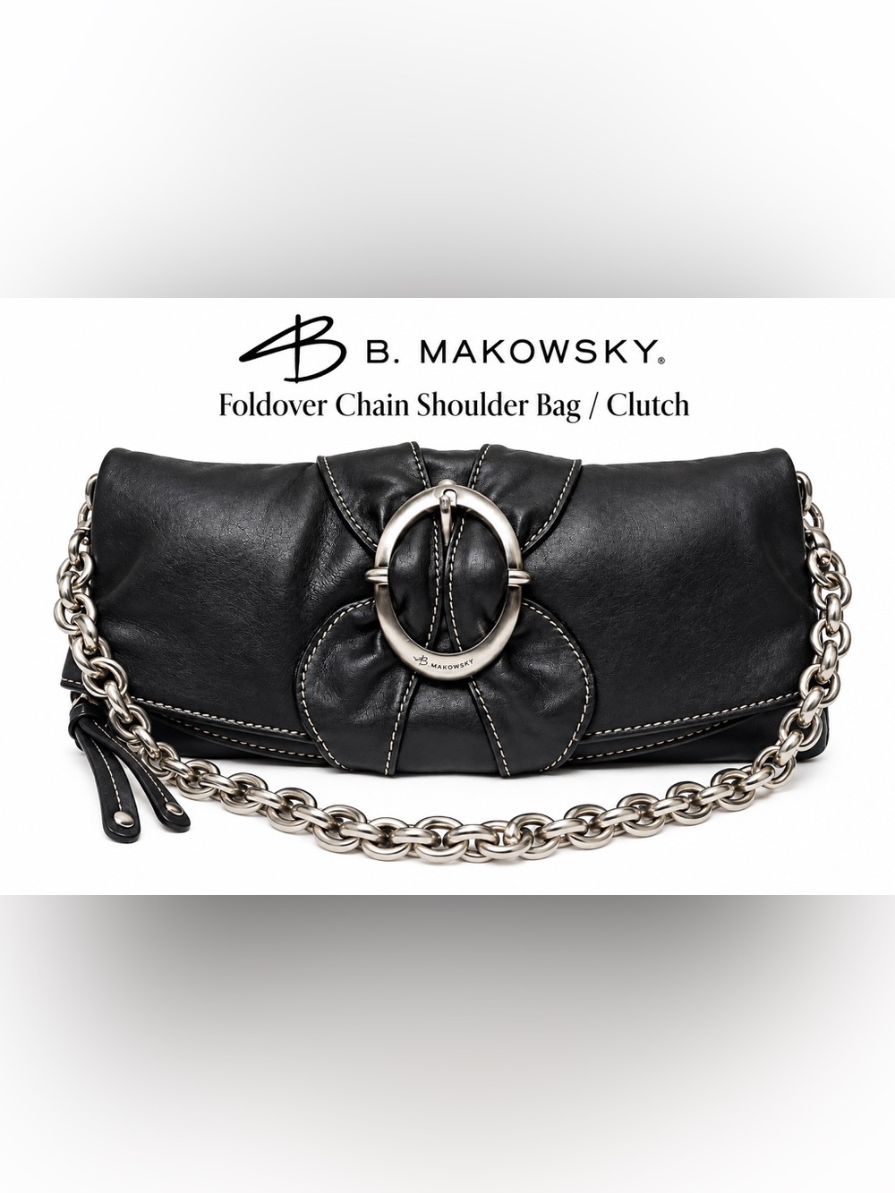 B Makowsky 100% Genuine Leather Foldover Clutch Chain Shoulder Bag Y2K purse